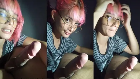 Little nymph with glasses sucking hot