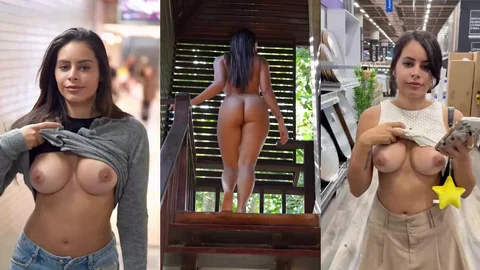 Mulher nua em praça publica mostrando buceta e peitos