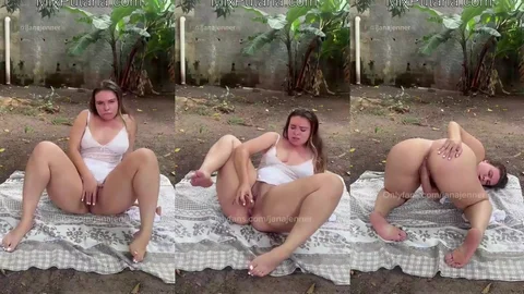 Curvy Housewife Masturbates Outdoors in Private Garden