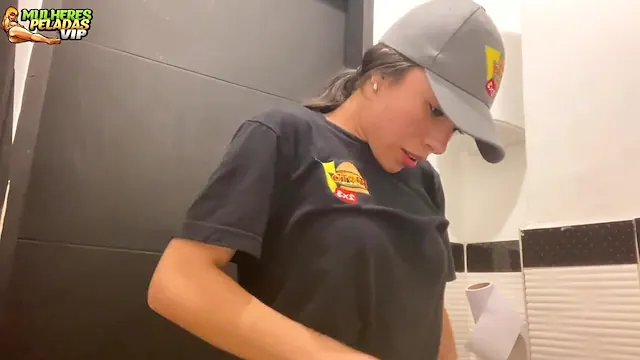 Skinny girl at work filming herself taking off her clothes in secret