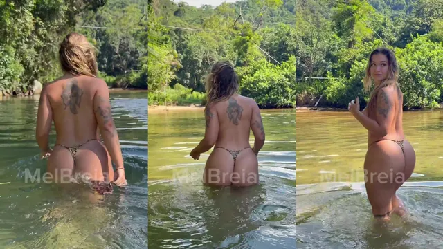 Loira safada tira biquíni e mostra buceta no rio