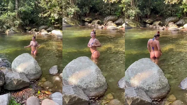 Laura Keller se exibindo na cachoeira