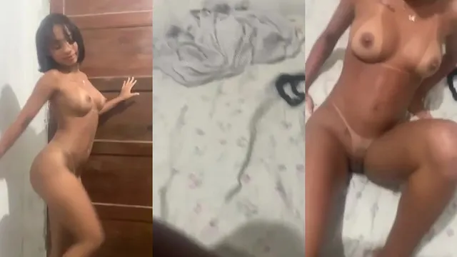 Morena gostosa tirando a roupa e brincando com pauzao