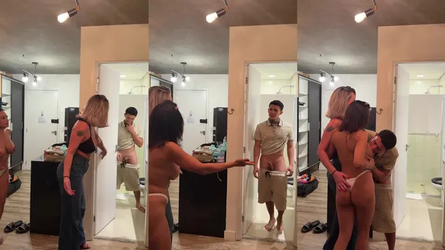Horny Blonde MILF Catches Guy With Hard On in Bathroom