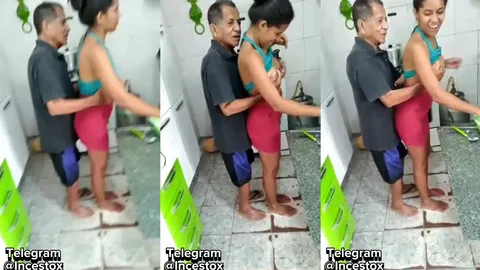 Neta safadinha provocando seu avô na cozinha